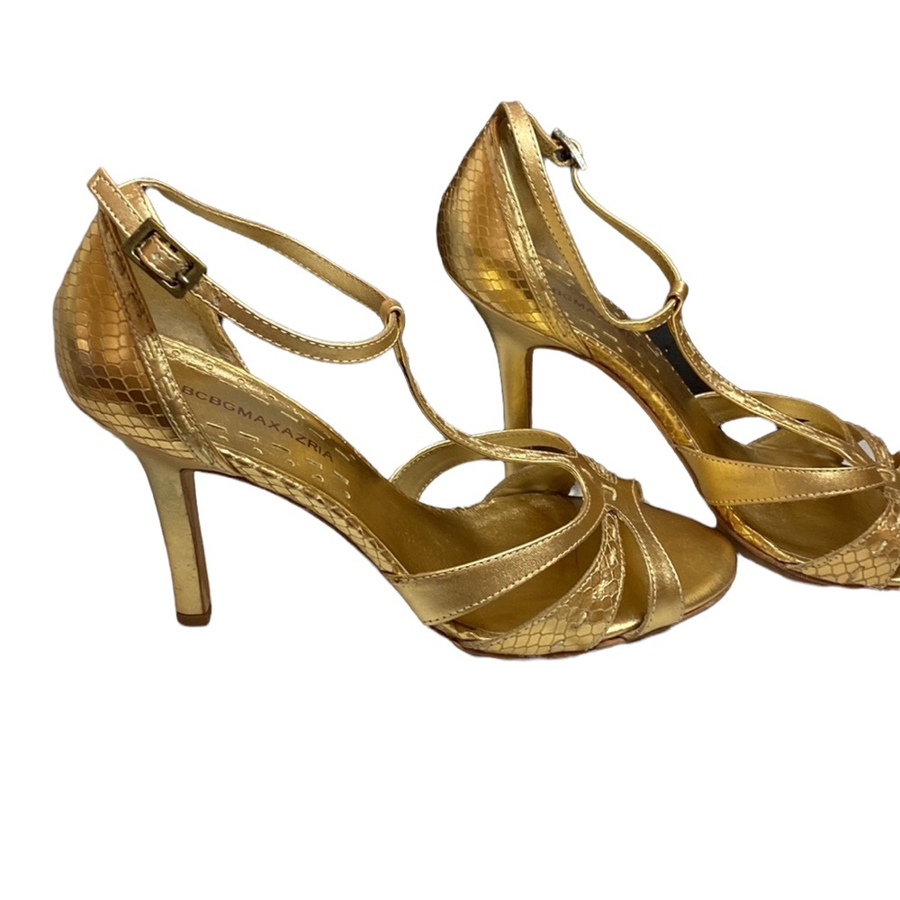 🆕 BCBGMaxAzaria Mireya T-Strap Heels Sandals in leather metallic Gold. Sz 6.5